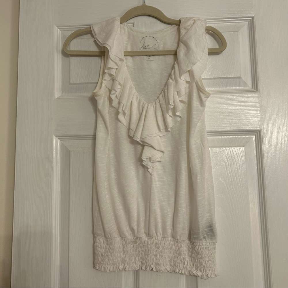 INC White Ruffle V Neck Sleeveless Tank Top XS